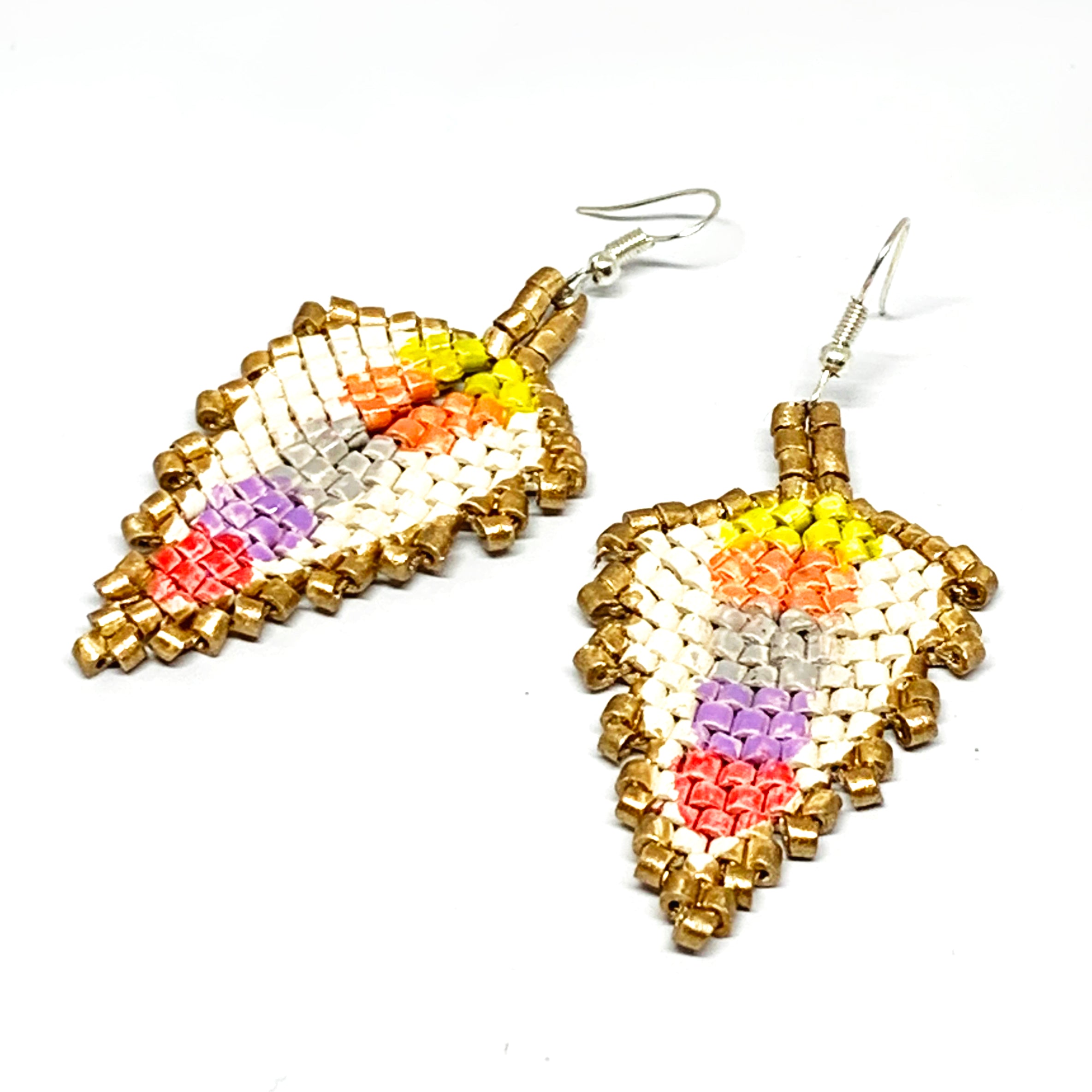 Gold, Cream & Multi Color Blocks of Ceramic Beaded Leaf Earrings